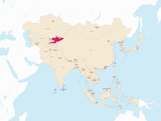 Highlighted map of KYRGYZSTAN inside detailed blank flat political map of the Asian continent on isolated background