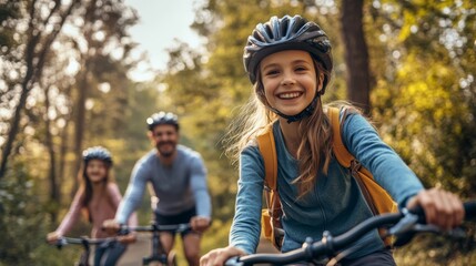 Obraz premium Happy family cycling in the forest, Father, mother and daughter wearing helmets with bicycles, Family outdoor activity concept.