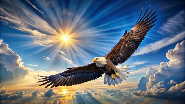 Majestic eagle soars through vast blue sky, wings outstretched, symbolizing freedom, power, and limitless possibilities.
