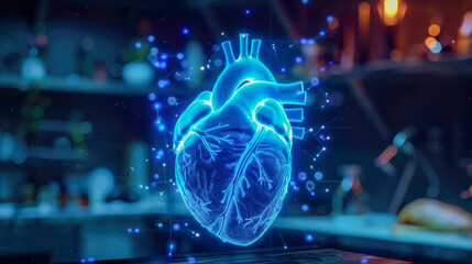 Futuristic glowing hologram of the human heart, formed by interconnected lines and triangles on a blue background. Anatomical medical healthcare and cardiology concept