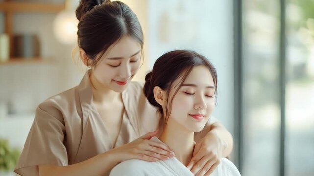 A young Asian woman sits on a massage table in a white dress. And there was an adult female masseuse wearing a beige uniform standing behind her. 