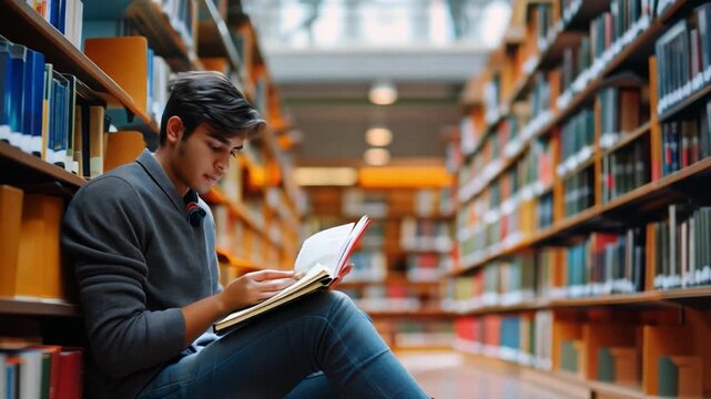 A young man reads a book in a library in a calm light.