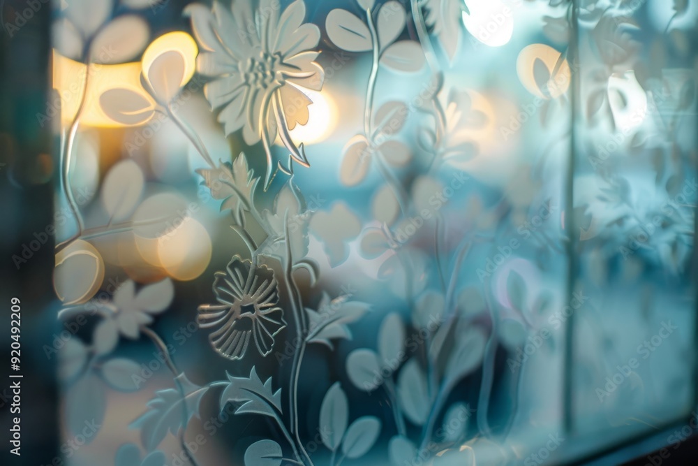 Poster close-up image of a glass window with beautiful floral patterns, emphasizing the intricate details a