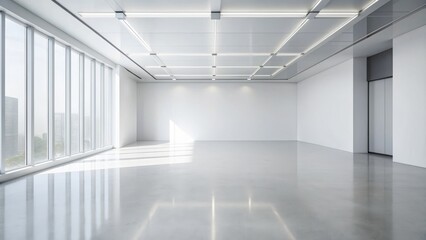 Fototapeta premium Minimalist interior setting featuring a pristine white wall background extending to a clean, empty, and reflective floor, ideal for product photography and commercial use.