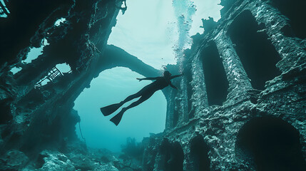 A freediver gliding through a sunken shipwreck, with the diver’s full body and the eerie, underwater ruins creating a mysterious and captivating scene.


