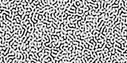 Fototapeta premium Abstract Turing organic wallpaper with background. Turing reaction diffusion monochrome seamless pattern with chaotic motion. Natural seamless line pattern. Linear design with biological shapes.