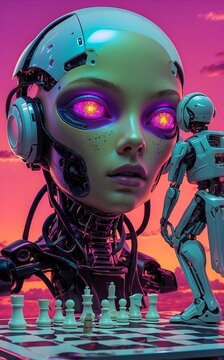 a robot Extraterrestrial Alien vs. Sleek Humanoid Robot in Tense Chess Match Shimmering Exoskeleton