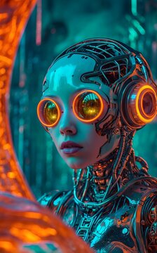 a woman with goggles Extraterrestrial Alien and Humanoid Robot Duel in a Futuristic Chess Match 