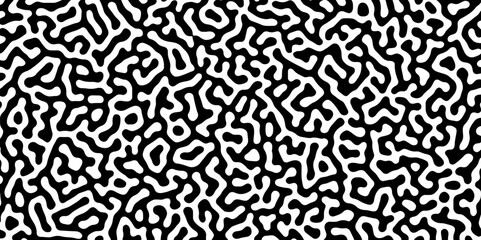 Abstract Turing organic wallpaper with background. Turing reaction diffusion monochrome seamless pattern with chaotic motion. Natural seamless line pattern. Linear design with biological shapes.