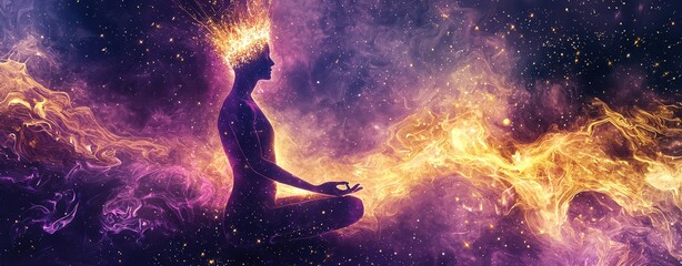 A digital artwork of a meditating figure with a holographic crown chakra, emitting waves of light into the universe, Psychedelic, 3D, Purple and gold