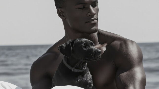 A man is holding a puppy while sitting by the seaside. He is bare-chested, the puppy looks content, and the scene exudes warmth and companionship against a calming background.