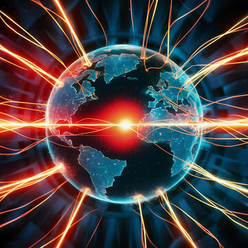 ech backdrop featuring glowing fiber optic links, quantum computing network, and electronic global intelligence, cinematic, illustration, vibrant