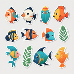 Fototapeta premium Tropical fish sticker on white background. Colorful cartoon set of fish. Generated AI