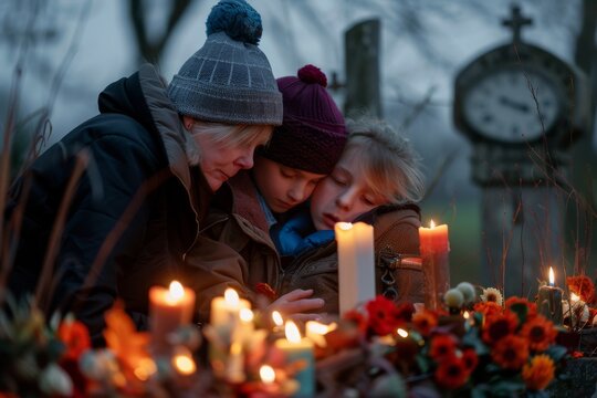 Two children and a woman lie together in front of glowing candles, creating a warm and serene atmosphere, Families mourning the loss of loved ones , AI generated - Powered by Adobe