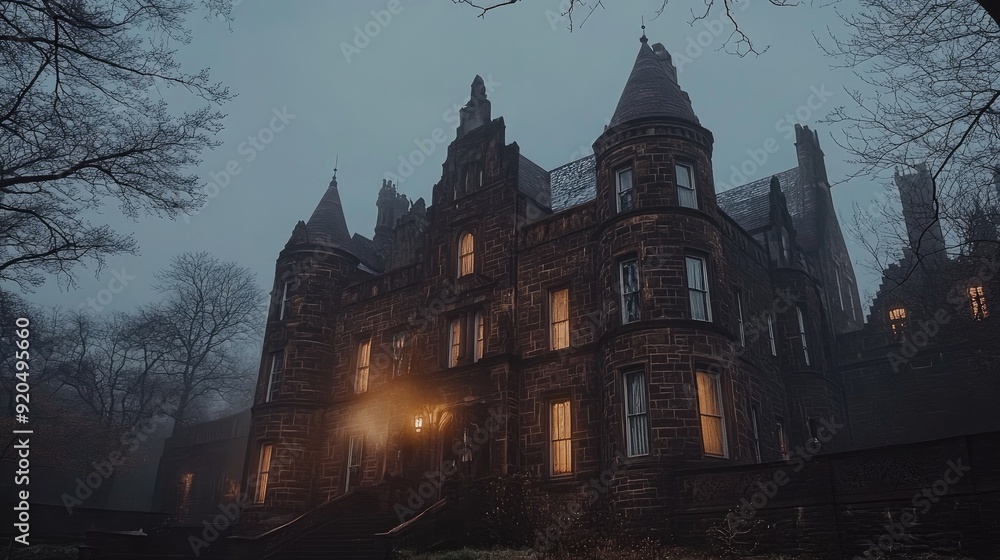 Wall mural spooky old gothic castle, foggy night, haunted mansion