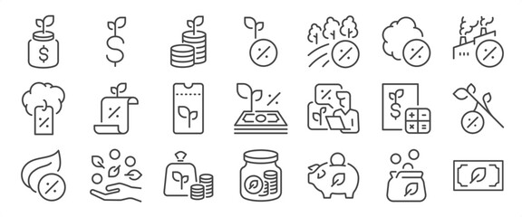 Green Tax icon set. It includes taxes, financial, money, discounts, deductions, savings, and more icons. Editable Vector Stroke.