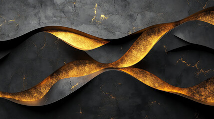 A close-up of a textured, dark grey wall with three wavy, glowing gold lines