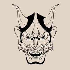 Hand drawn traditional tattoo of a Japanese oni mask outline 12