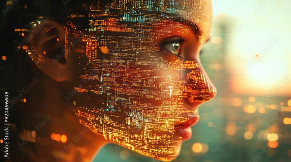 Poster digital transformation: a woman's face overlaid with binary code