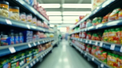 Grocery store aisle showcasing a variety of products in a bustling location