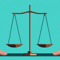 Balance scales flanked by hands on a turquoise background, symbolizing justice, fairness, and the role of human judgment in legal decisions.