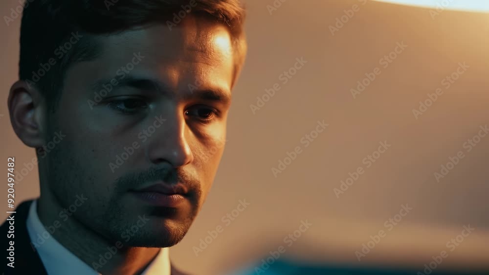 Poster closeup of a focused worker analyzing data at a desk in a dimly lit office