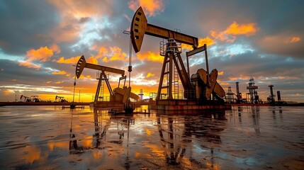 Obraz premium Oil pumps silhouetted against a vibrant sunset with reflections on the wet ground