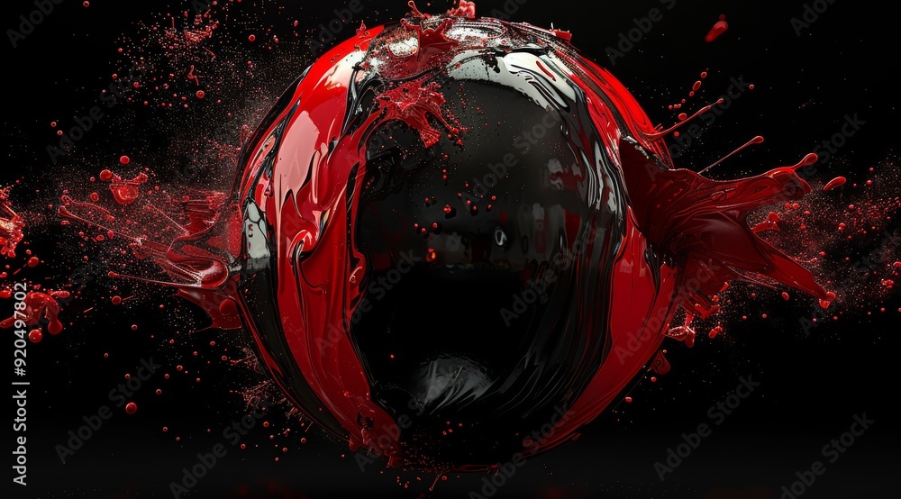 Poster a striking 3d render of a black sphere bursting with red splashes, creating a dramatic and vibrant v