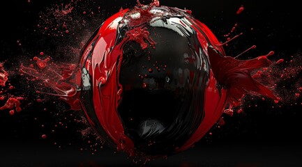 A striking 3D render of a black sphere bursting with red splashes, creating a dramatic and vibrant visual effect against a dark background