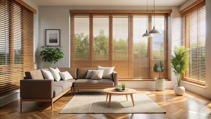 Fototapeta premium Natural wood blinds filter soft, warm sunlight, casting a gentle glow on the minimalist interior, creating a cozy and inviting atmosphere in a modern living space.