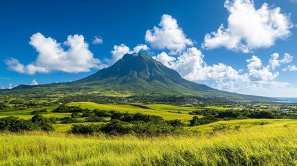 Fototapeta premium A large, green mountain rises against a blue sky with white clouds, with rolling green hills and fields in the foreground.