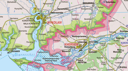 Map of southern Ukraine displaying the cities of Kherson along the Dnieper River and Mykolaiv on the Southern Buh River. Urban areas are highlighted in dark colors, with rivers shown in blue, along wi