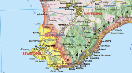 Map of Crimea featuring the cities of Sevastopol on the Black Sea coast and Simferopol inland, with urban areas highlighted. The coastline and major roads are clearly visible, showcasing key connectio