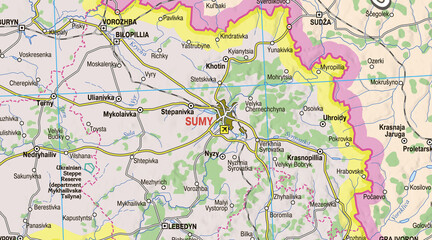 Map highlighting Sumy, a city in Ukraine, showcasing its location and significance within the region, surrounded by nearby towns and geographical features.