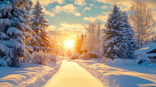 Snow-covered road lined with pine trees glowing in the golden light of a winter sunset. Ideal for winter, tranquility, or nature themes.