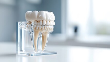 3D render of transparent dental model showing root system and bone structure.