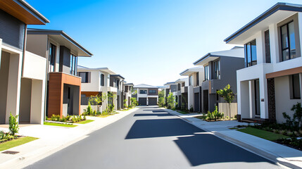 Spotless, Uninhabited Street Flanked by Contemporary Townhouses in a Brand-New Neighborhood.