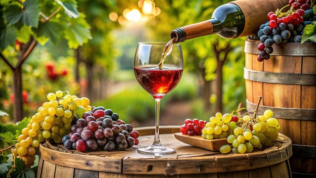 Richly colored Italian wine poured into a delicate glass, surrounded by vintage wooden barrels, rustic wooden tables, and baskets of freshly picked grapes.