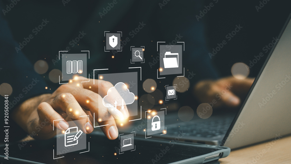 Poster businessman touching cloud computing network. businessman shows cloud storage network technology ico
