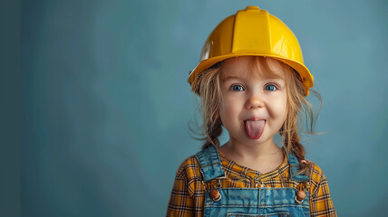 child girl in a construction helmet shows her tongue and teases, the concept of reconstruction renovation in an apartment