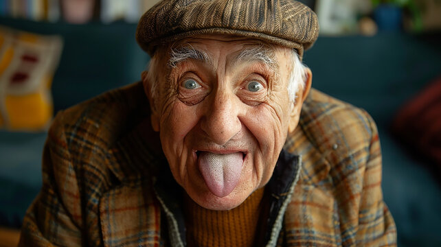 Funny crazy grandfather shows tongue, humor, pensioner, old man teasing