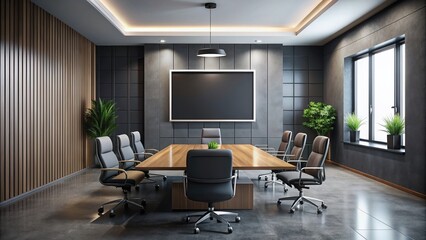 Empty modern conference room with blank TV screen and digital billboard on dark wall, awaiting business ideas and text, perfect for advertising and design concepts.
