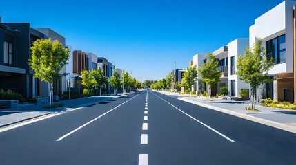 Obraz premium Spotless, Uninhabited Street Flanked by Contemporary Townhouses in a Brand-New Neighborhood.