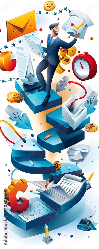 Poster businessman standing on charts and graphs with money and a stopwatch.