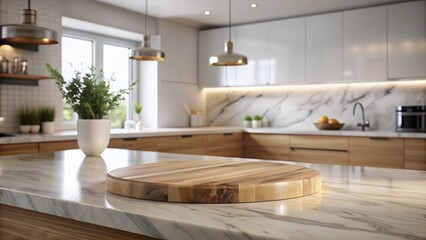 Elegant marble surface on wooden pedestal provides ample copyspace amidst blurred kitchen...