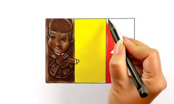 "Draw a whimsical version of the Belgian flag with waffles, chocolate, and a friendly Manneken Pis."