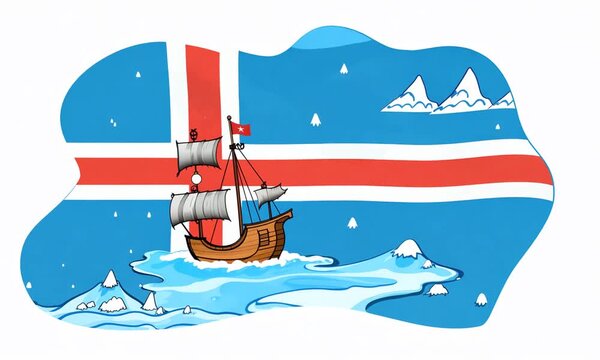 "Draw a whimsical flag for Iceland, with geysers, glaciers, and a Viking ship sailing through the icy waters."