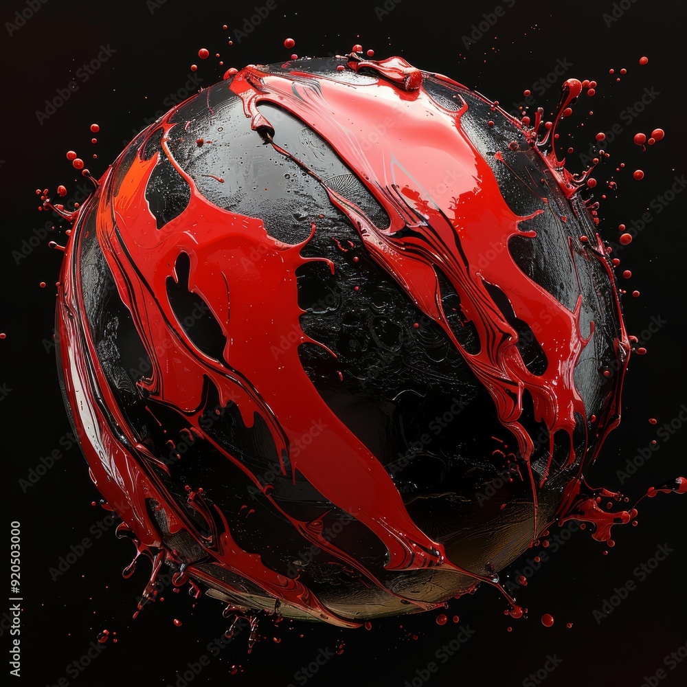 Poster this striking 3d rendering features a stunning bowling ball with vibrant red paint splashes on a bol