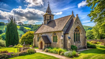 Serenene stone church with elegant steeple and ornate windows surrounded by lush greenery and peaceful countryside landscape on a sunny summer day.