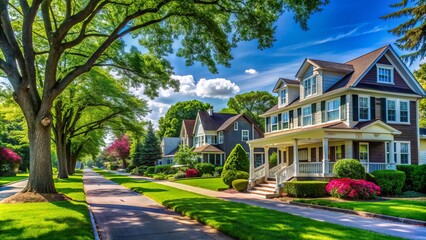 Naklejka premium Serene suburban street scene in Long Branch, New Jersey, featuring charming colonial-style homes, lush green trees, and a scenic sidewalk on a sunny day.